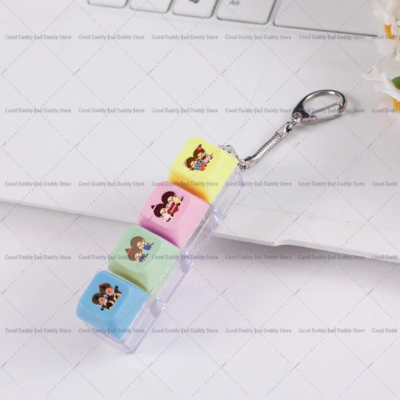 Cute Monchhichi Printed 4-Key Fidget Clicker Keychain Mechanical Finger Button Decompression Toy Portable Bag Charm Keyrings