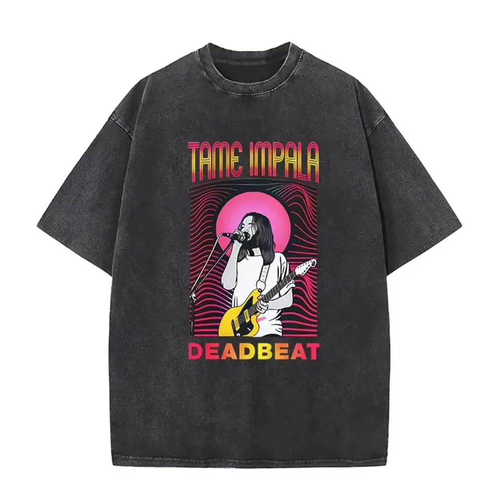 T-shirt vintage surdimensionné délavé, style Y2K Hip Hop Gothique, avec motif du groupe de rock Tame Impala, tournée Deadbeat 2026, album