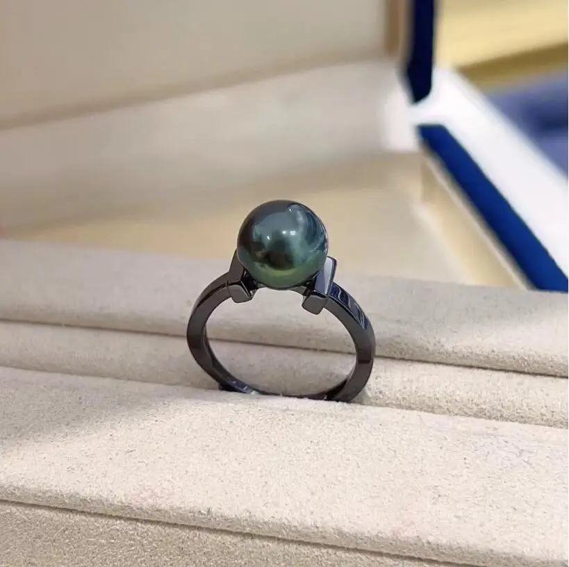 charming 9-10mm south sea round black green pearl ring 925s