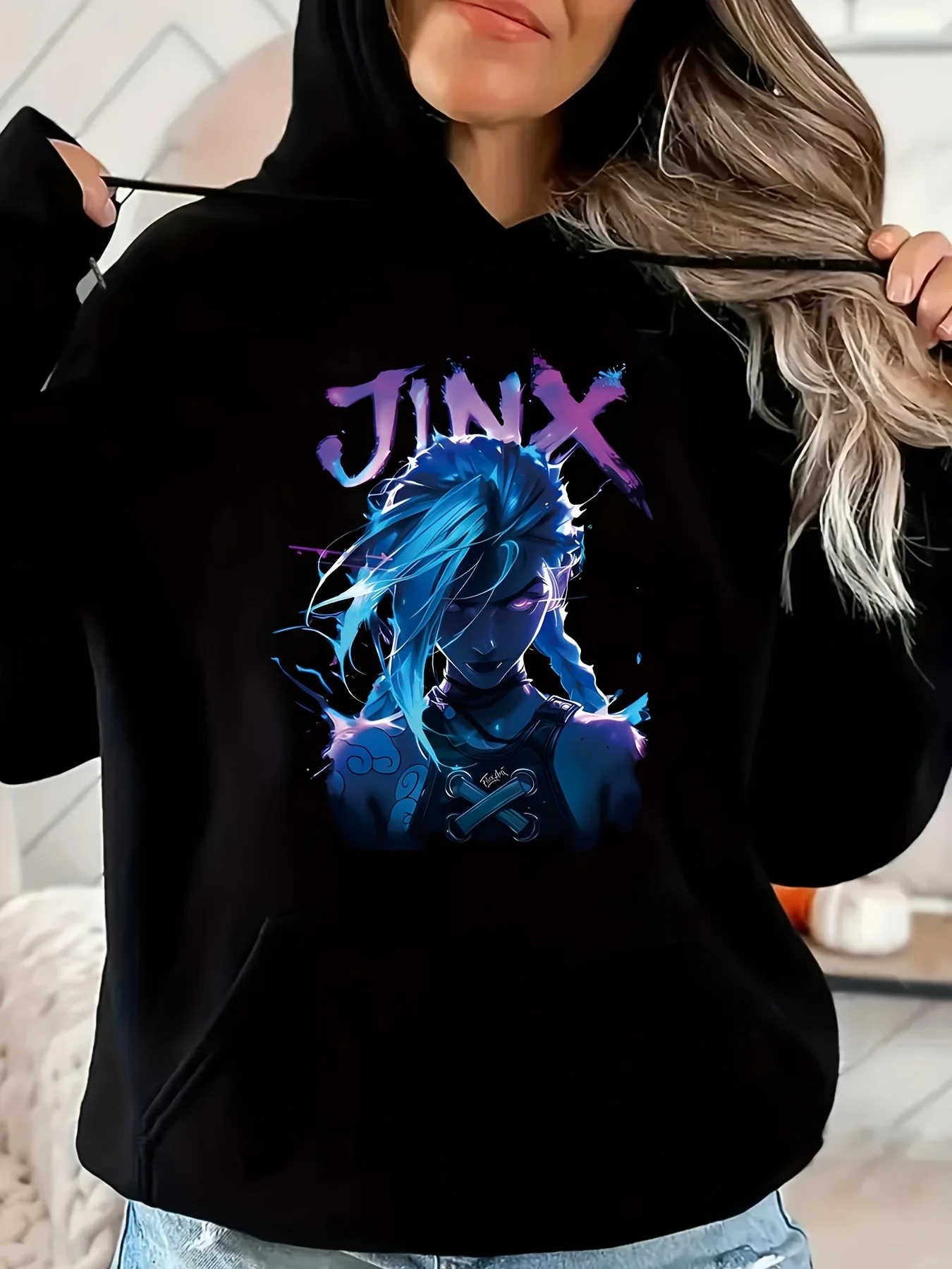 

2025 New Jinx Meaning Orientation Pattern Anime Inspired Fashion Casual Hooded Sweater School Season Back-to-School Fashion
