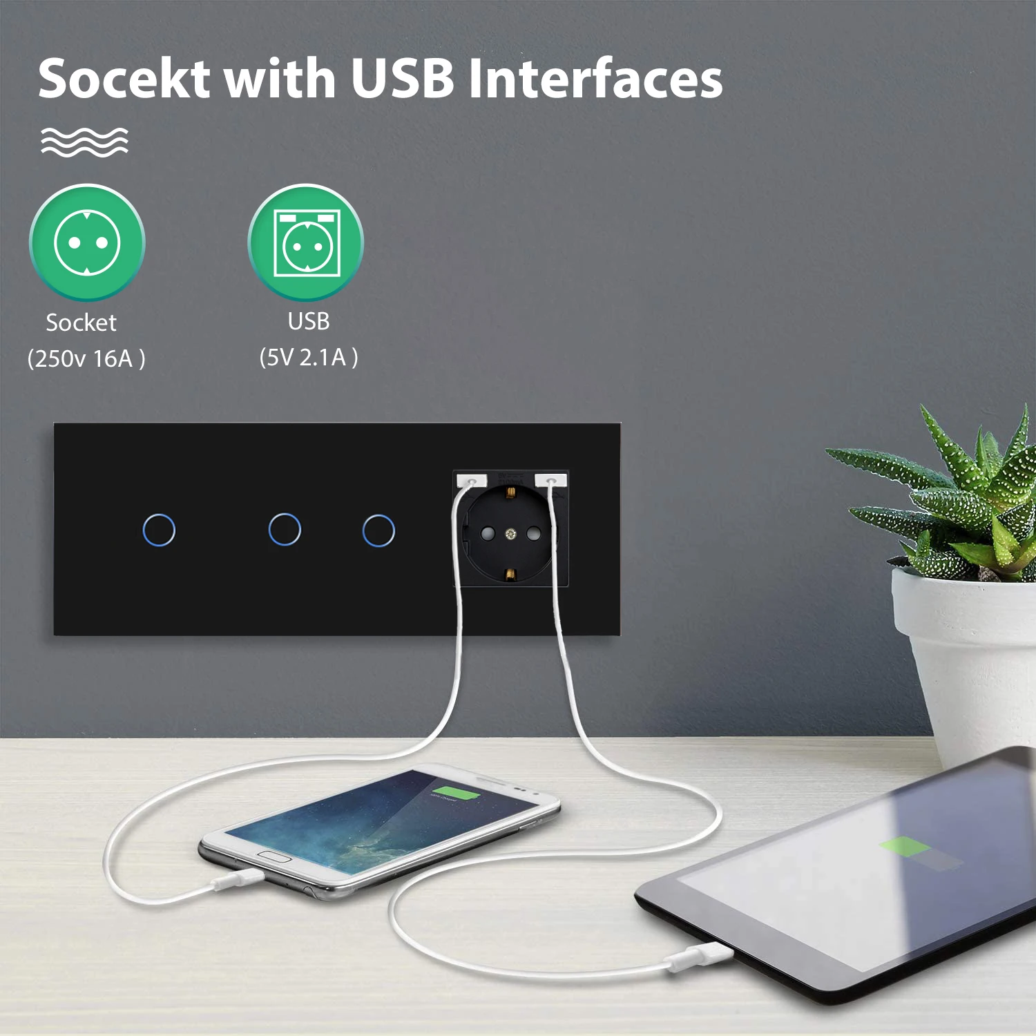 BSEED EU Standard 1/2Gang 1Way Wall Sensor Touch Switch With EU USB Wall Socket Phone Charge Type-c Glass Panel Led Light Switch