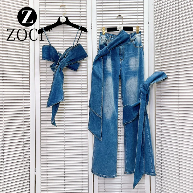 [ZOCI] Goods Sexy Sweet Cool Butterfly Strap Denim Ultra Short Strapless Strap+Wide Leg Jeans Set