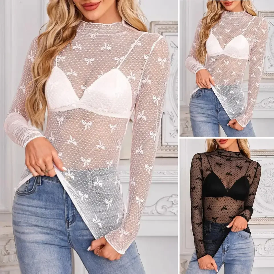 Sexy Slash Neck Long Sleeved  T-shirt Beach Vacation Pure Color Casual Top Blouses Autumn Fishing Net Tops Blouse