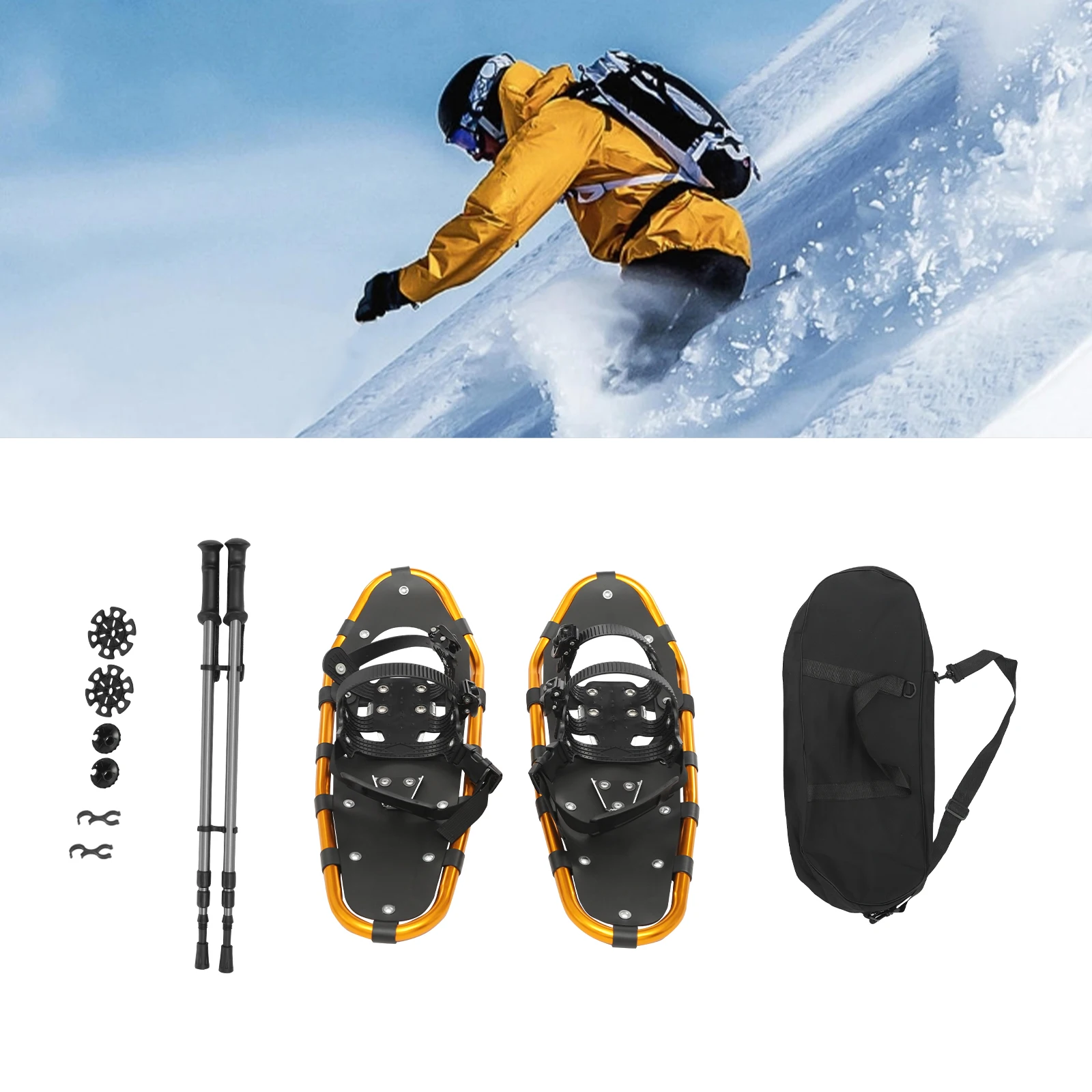

Skiing Snowshoes, 25 Inch, 110-220lbs Load Capacity, Trekking Poles, Carrying Bag, for Men Women Youth, Grey+Gold+ Black