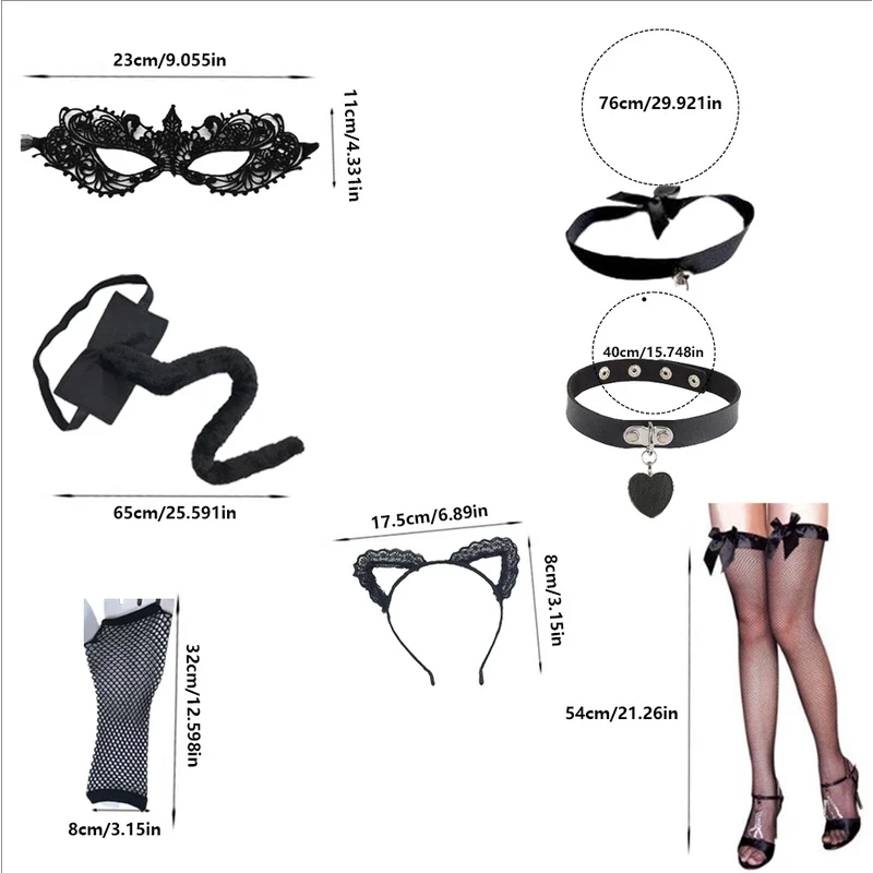 

Catwoman costume, Halloween masquerade mask, lace ears, gloves, tail, tail chain necklace and other types
