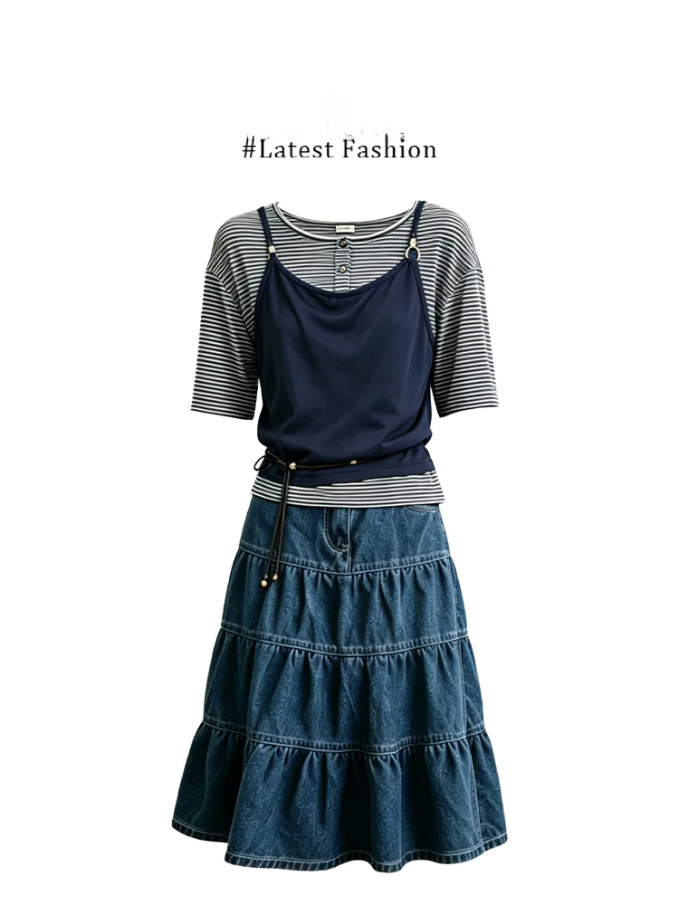 

Parkyeon Summer Outfit Stripe Short Sleeve T-Shirt And Denim Puffy Skirt Two-Piece Set Casual Style Women's Fashion Ensemble