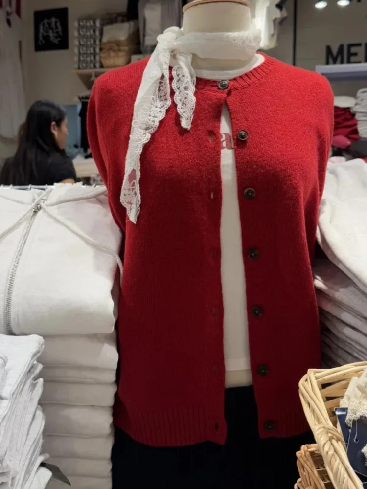 

Рождественский красный вязаный свитер, кардиган, осенний однобортный хлопковый трикотаж с круглым вырезом, повседневный винтажный шикарный свитер Y2K, пальто