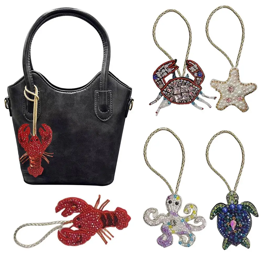 Handmade Beaded Lobster Hanging Rope Patch Fashion Rhinestone Crab Hangings Crystal Bag Lanyard Beading Applique Key Chains