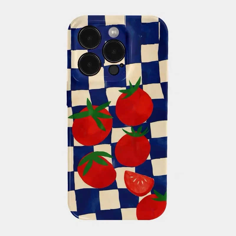 

Blue White Checkered Red Tomatoes Phone Case for IPHONE 17 Air 16E 15 PROMAX 14 Plus 13 12 MINI 11 16Plus XR Acrylic Phone Cover