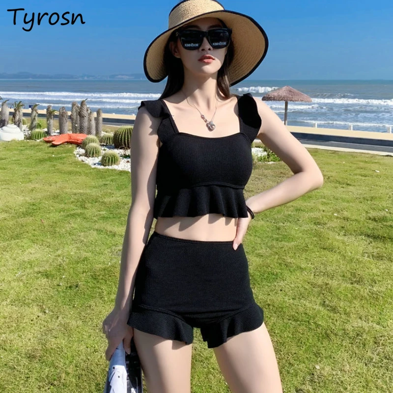 Bikini Set Women Ruffles Stylish Leisure Cozy Swimwear Beach Summer 2 Pieces Sexy High Waist Korean Style Classic Slim Colleges