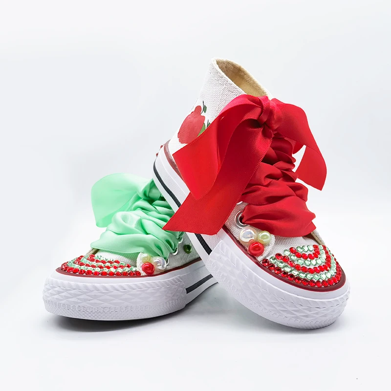 Red And Green Theme Kids Canvas Shoes DIY For Girl Communion Shoes Dollbling Handmade Bling Sneakers Birthday Gift for Kids