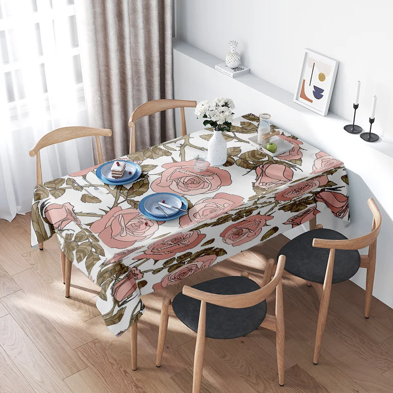 

Elegant Floral Tablecloth for Dining Room Decor Pink Roses Green Leaves Pattern, Waterproof Fabric, Universal Fit 59x130 in Home