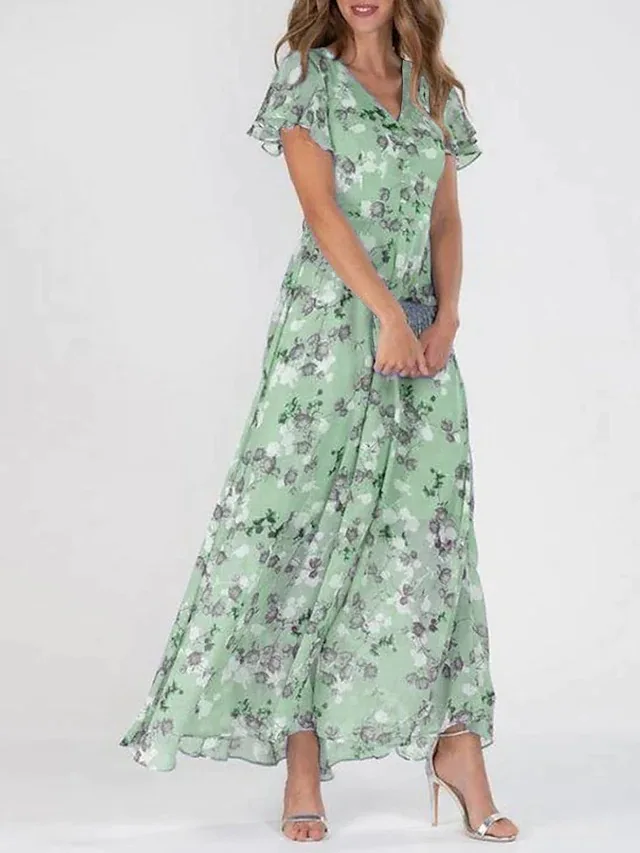 Female Vintage Floral Printing Chic Dress Women Summer Elegant V Neck Maxi Party Dresses Casual Chiffon Beach Long Dress Vestido