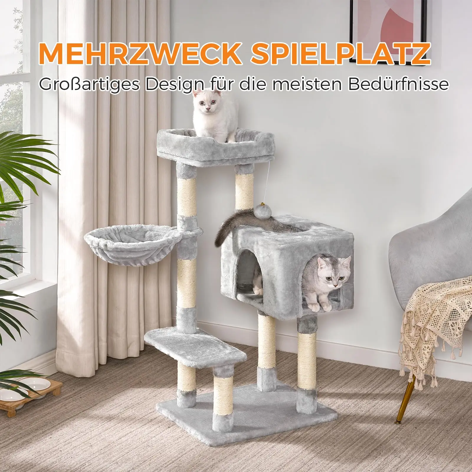 عمود خدش من خشب البلوط والشاي مقاس 100 سم مع 7 أعمدة بيت قطط وأرجوحة ثابتة مع حماية من البقشيش