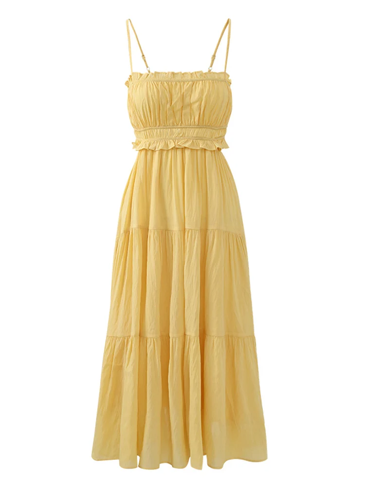 Elegant Backless Summer Dress for Women Spaghetti Strap Tiered Maxi Sundress High Waist Flowy Beach Holiday Outfit for Travel
