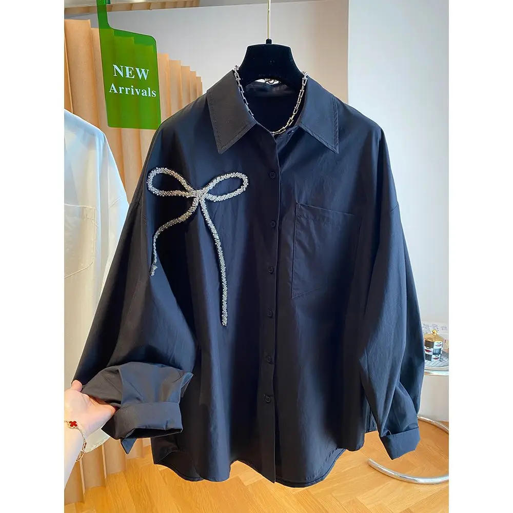 

Новинка 2023 года, женская корейская модная блузка с отложным воротником и длинными рукавами на пуговицах, осенние трендовые расклешенные рубашки с бантом и вышивкой, женские топы