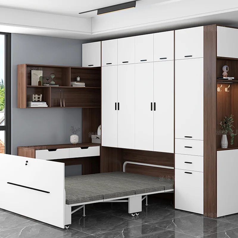 Small apartment invisible bed wardrobe bookcase integrated multi-functional telescopic bed desk combination simple space saving