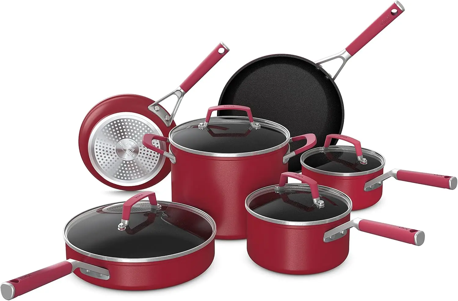 

C29500 Foodi NeverStick Vivid 10-Piece Cookware Set with Lids, Nonstick, Durable & Oven Safe to 400°F, Cool-Touch Handles, Crims