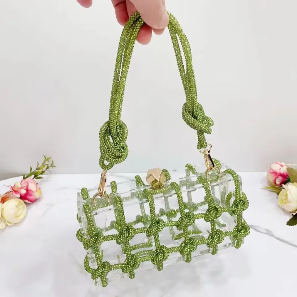 2023 Crystal-Embellished Rope Acrylic Clutch Rhinestones Evening Shoulder Bag Crystal women Luxury Clear Party Wedding Knot Bag