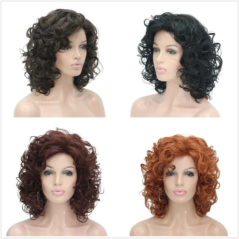 Women Short Wavy Curly Fluffy Brown Blonde Synthetic Wigs