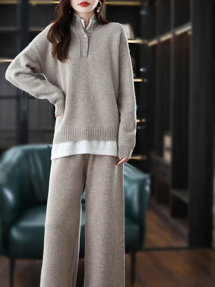 BELIARST 2022 Autumn Winter New Women\'s 100% Merino Wool Knitted Suit Stitching Stand Collar Sweater Long Pants Female Clothing