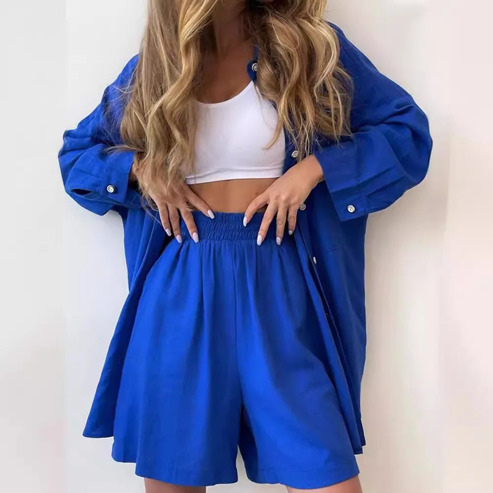 

Women Casual Shirt Shorts Two Piece Summer New Fashion Personality Long Sleeved Shirt Loose Shorts Lady Simple Solid Color Suit