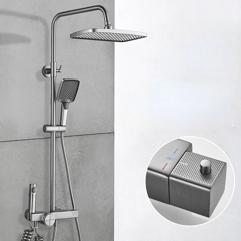 Drawing Gun Gray Digital Display Shower  Set Into Wall Bathroom Four Block Rain Pressurizing Sprinkler