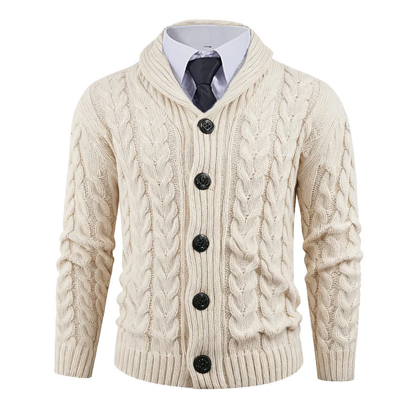 Vintage Single-breasted Lapel Sweatercoats Mens Fall Winter Casual Twist Textured Knit Cardigans Men Stylish Slim Sweater Jacket