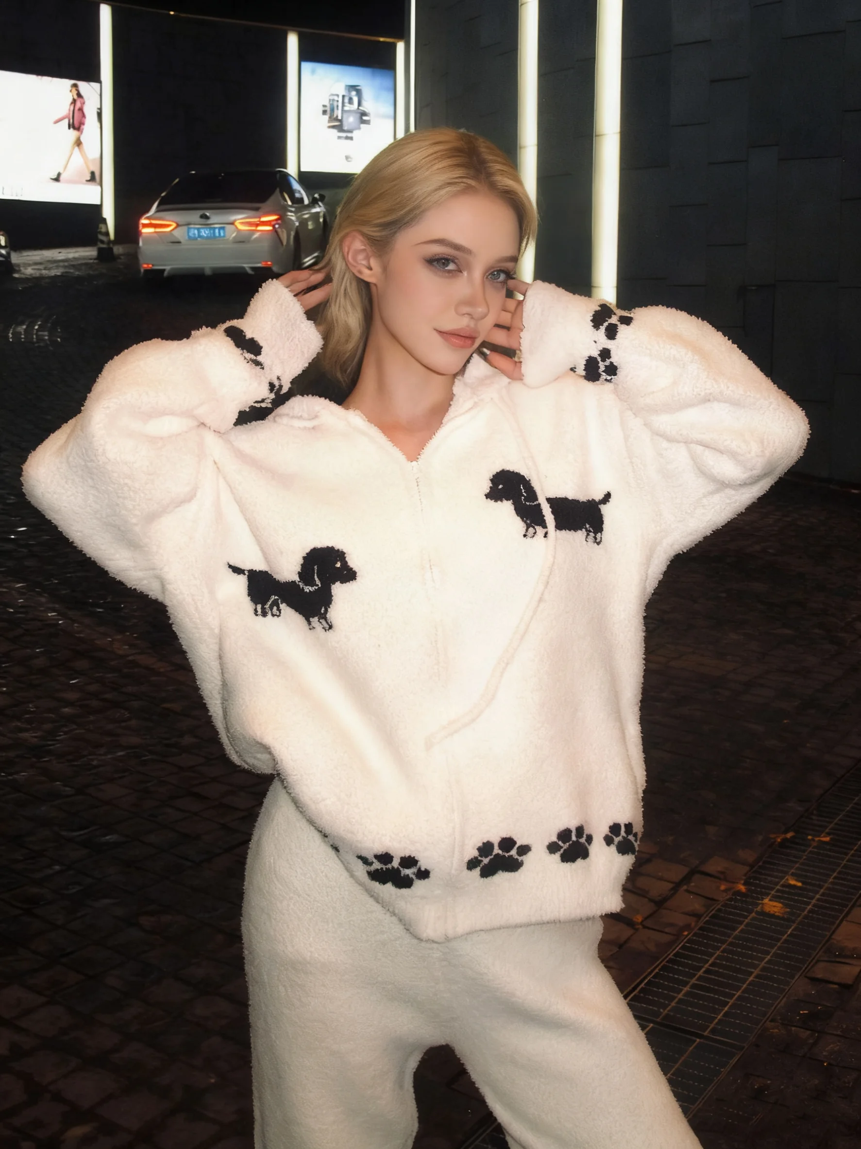 

2026 модный вязаный полуфлисовый костюм с мультяшными собаками для женщин, осенне-зимний толстовка с капюшоном, топы, длинные брюки, теплая домашняя одежда, пижамный комплект