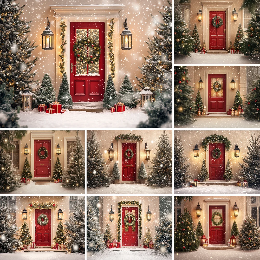 

Christmas Background Photography Door Wreath Gifts Snow Xmas Tree Decor Kids Baby Photo Backdrop Shooting Props Studio