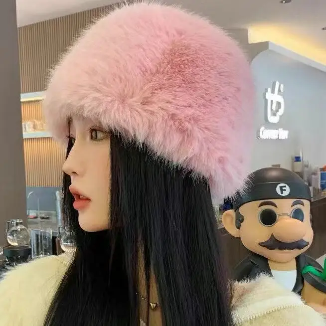 New Plush Hat For Women Faux Fur Mongolian Hat Autumn Winter Warm Ear Protection Basin Cap Sweet Fashion Women's Outdoor Hat