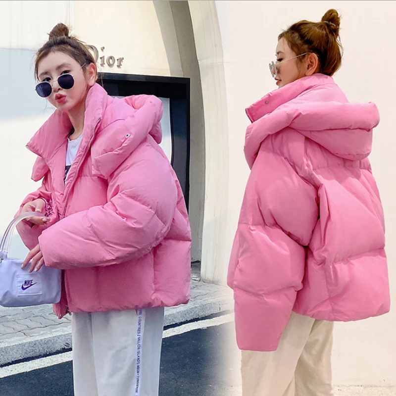 Elegant Solid Color Parkas For Women Fashion Fluffy Hooded Bread Clothing Button Zipper Casual Loose Mini Warm Slim Parkas Femme