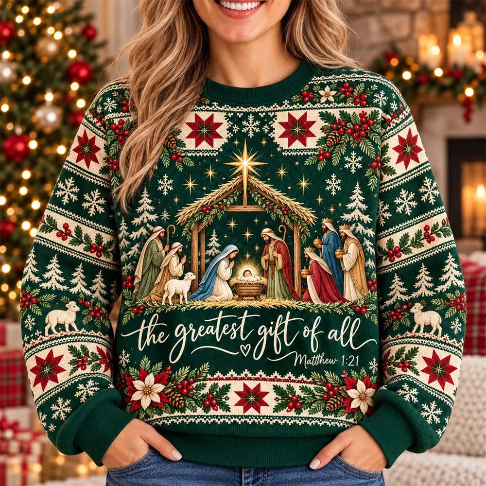 Nativity Ugly Christmas Sweater 3D Print Crewneck Sweatshirt for Men Women Baby Jesus Christian The Greatest Gift of All Graphic