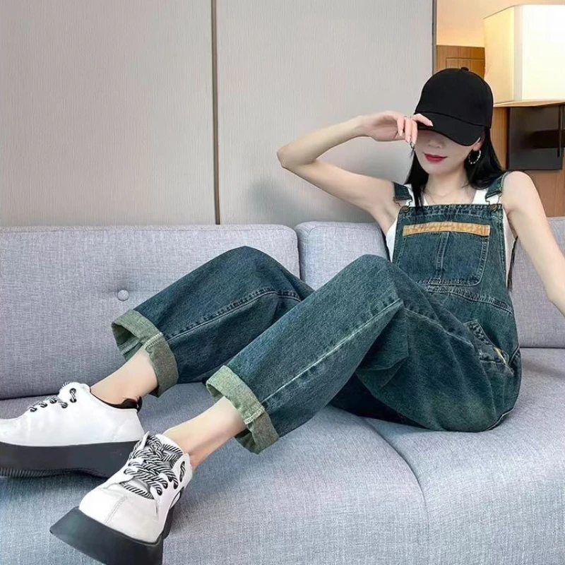 

​Women Denim Bib Overall Pants 2026 New Loose Fit Slimming Effect Retro Style Versatile Daily Wear​