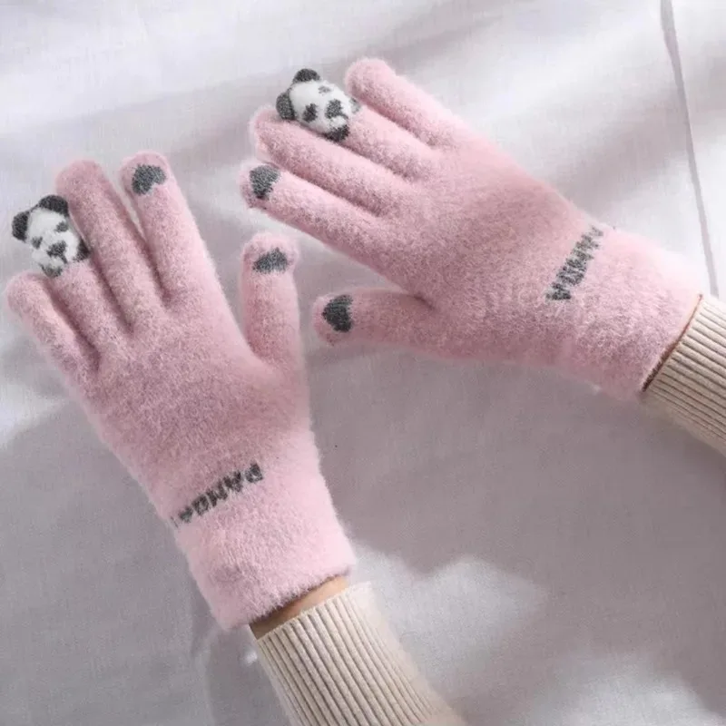 

Cute Panda Cycling Gloves Fall Winter Warm Thickened Touch Screen Fingerless Knit Gloves for Christmas Birthday New Year Gift