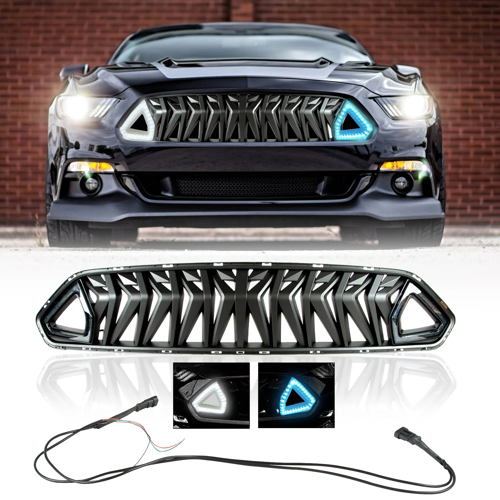 

Car Front Grill for 18-21 Ford Mustang Shark Grille w/LED Light White Ice Blue