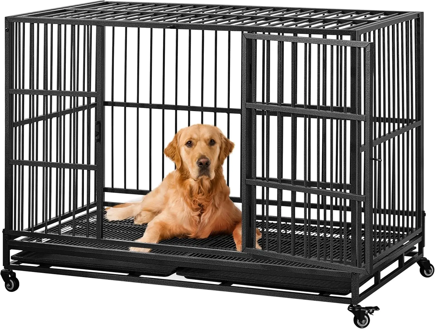

48'' Dog Crate Extra Large Pet Crate XXL Indestructible Dog Crate W/2 Doors/Lockable Wheels/Removeable Trays for Indoo