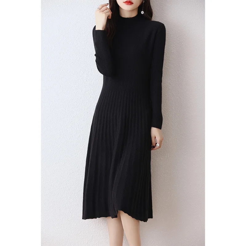Women's Fashion Autumn and Winter New Half High Collar 100% Pure Wool Slim Fit Solid Color Bottom Fashion A-line Knitted Dress