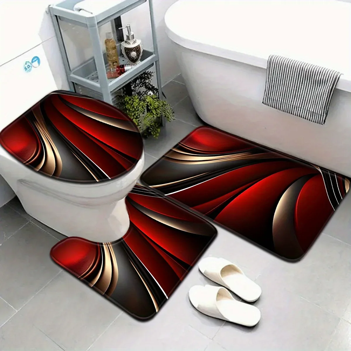 Modern Abstract Red Bathroom Set - Soft & Non-slip Contour Mat, Toilet Cover, and Bathtub Mat for Stylish Home Decor
