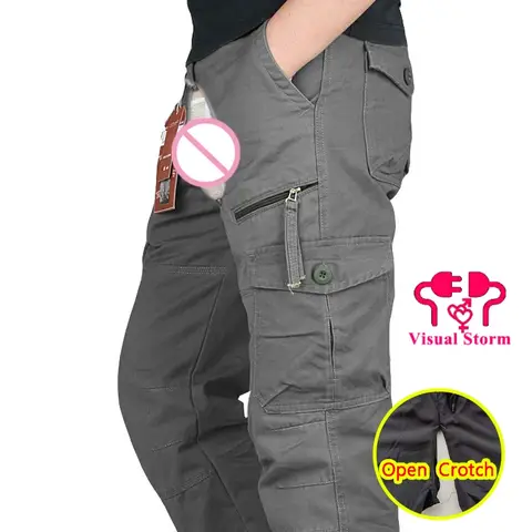 Man Open Crotch Pants Cargo Sport Double Zippers Trousers Crotchless Couple Outdoor Sex Costume Sexy Panties Gay Sissy Date