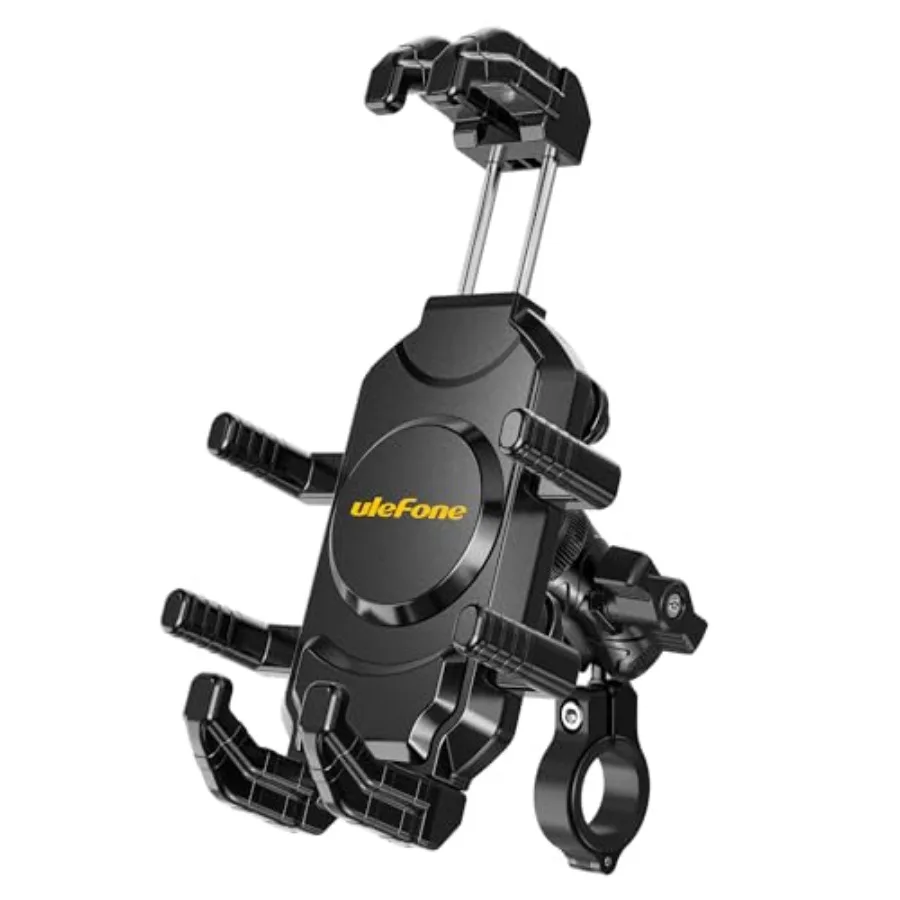 

Motorcycle handlebar phone mount for 6.1-7.2 smartphones, aluminum alloy construction, black finish, secure clamp with 360 rota