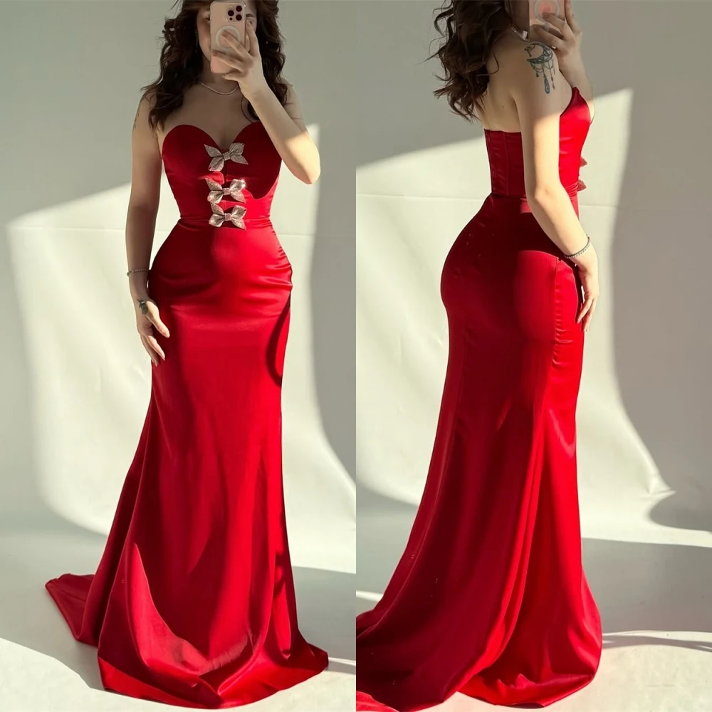 

Customized Sexy Sweetheart Satin Evening Dress Luxury Crystal Bow Prom Dress Temperament Sleeveless Special Occasion Gowns