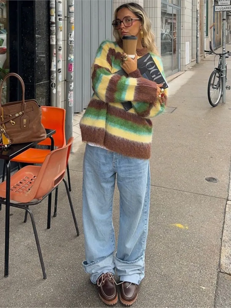 

Striped Winter Clothes Woman Pulls Femmes All-match Loose Simple Style Sweater Comfortable Knitted Contrast Color Loose Casual