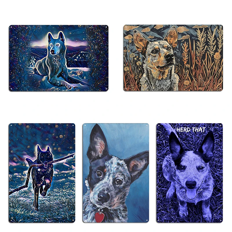 Funny Belgian Malinois Dog Loves Branch v2 Digital Artwork Husky Blue Starry Night Metal Wall Cave Pub Vintage Tin Sign Posters