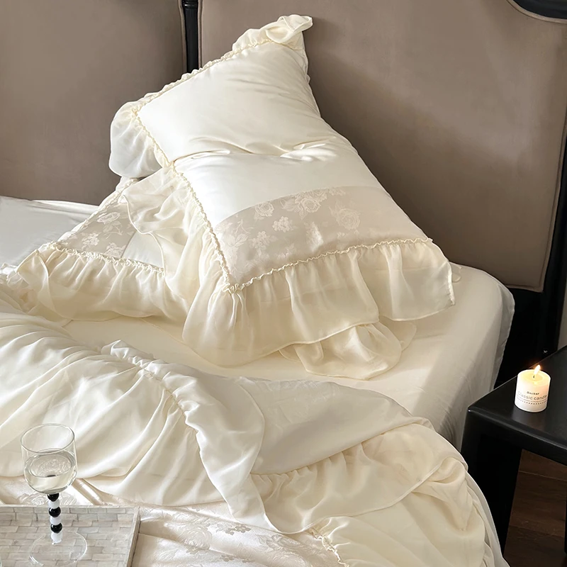 Imagem -05 - Conjuntos de Cama de Algodão Egípcio High End Jacquard Bege Satin Duvet Cover Fronhas de Lençol Chiffon Lace Quilt Cover Luxo