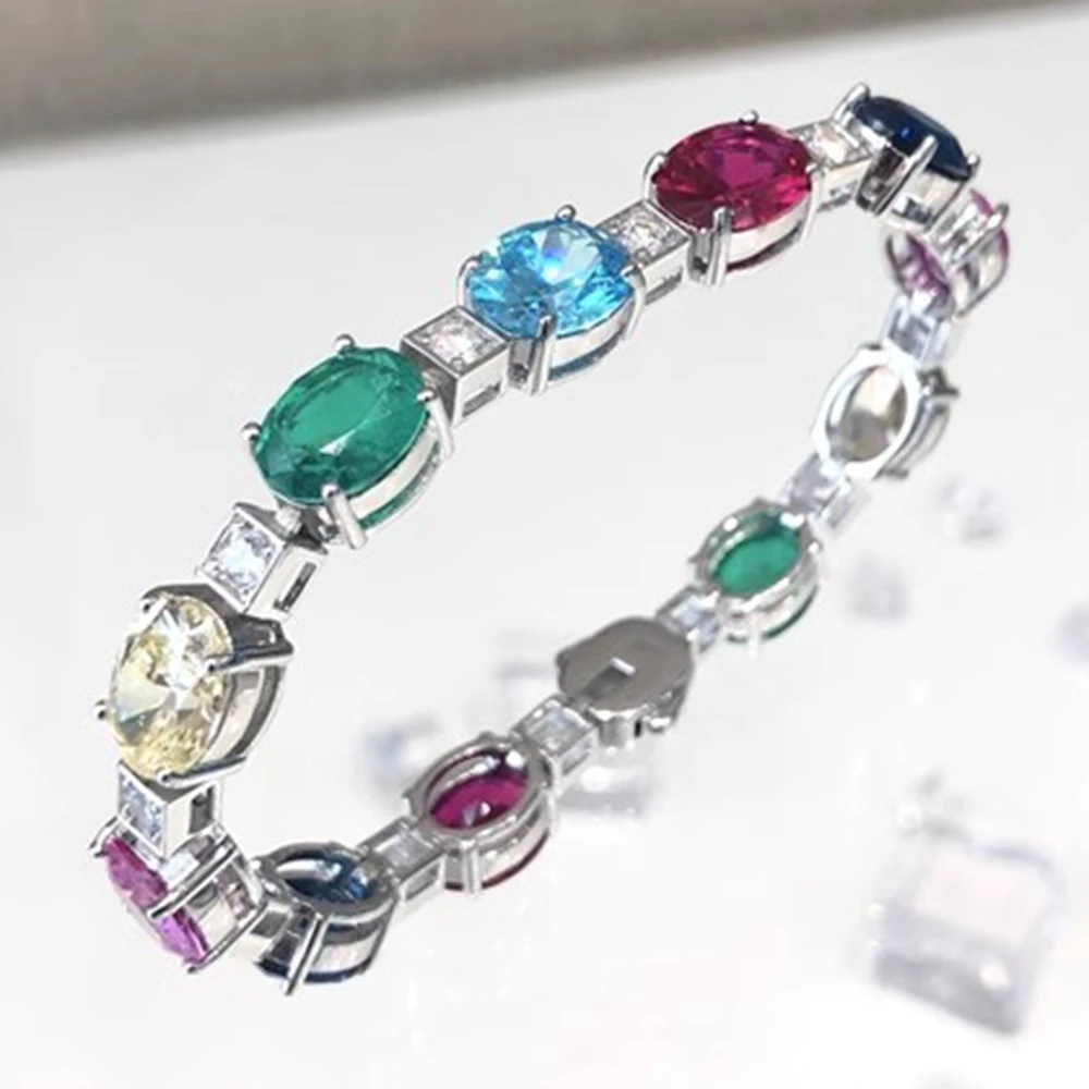 

KQDANCE 925 Sterling Silver Colorful Lab Emerald Paraiba Ruby Sapphire High Carbon Diamond Bracelets Fine Jewelry For Women