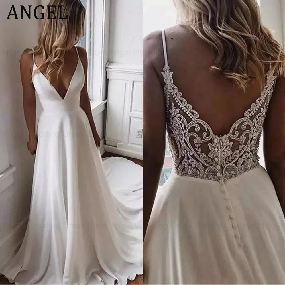 

ANGEL Spaghetti Straps V-Neck Wedding Dresses 2024 Appliques Backless Elegant Bridal Gown Vestidos De Noiva A-Line Sweep Train