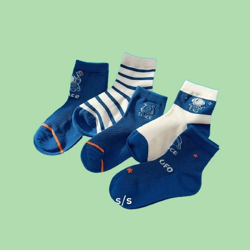 5/10 Pairs New High Quality Thin Mesh Universe Boys Combed Cotton Blue Trendy Children's Comfortable Breathable Casual Socks