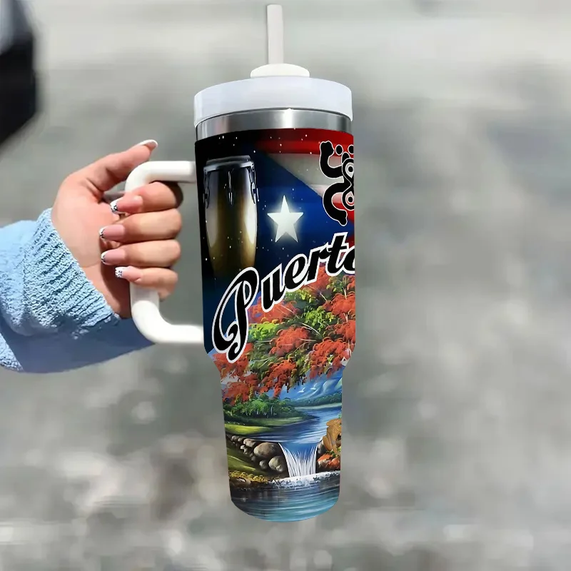 1 Piece Of 40 Ounce Puerto Rico Themed Stainless Steel Glass With Handle - An Ideal Men, Teenage Boys, Boyfriends, Featuring