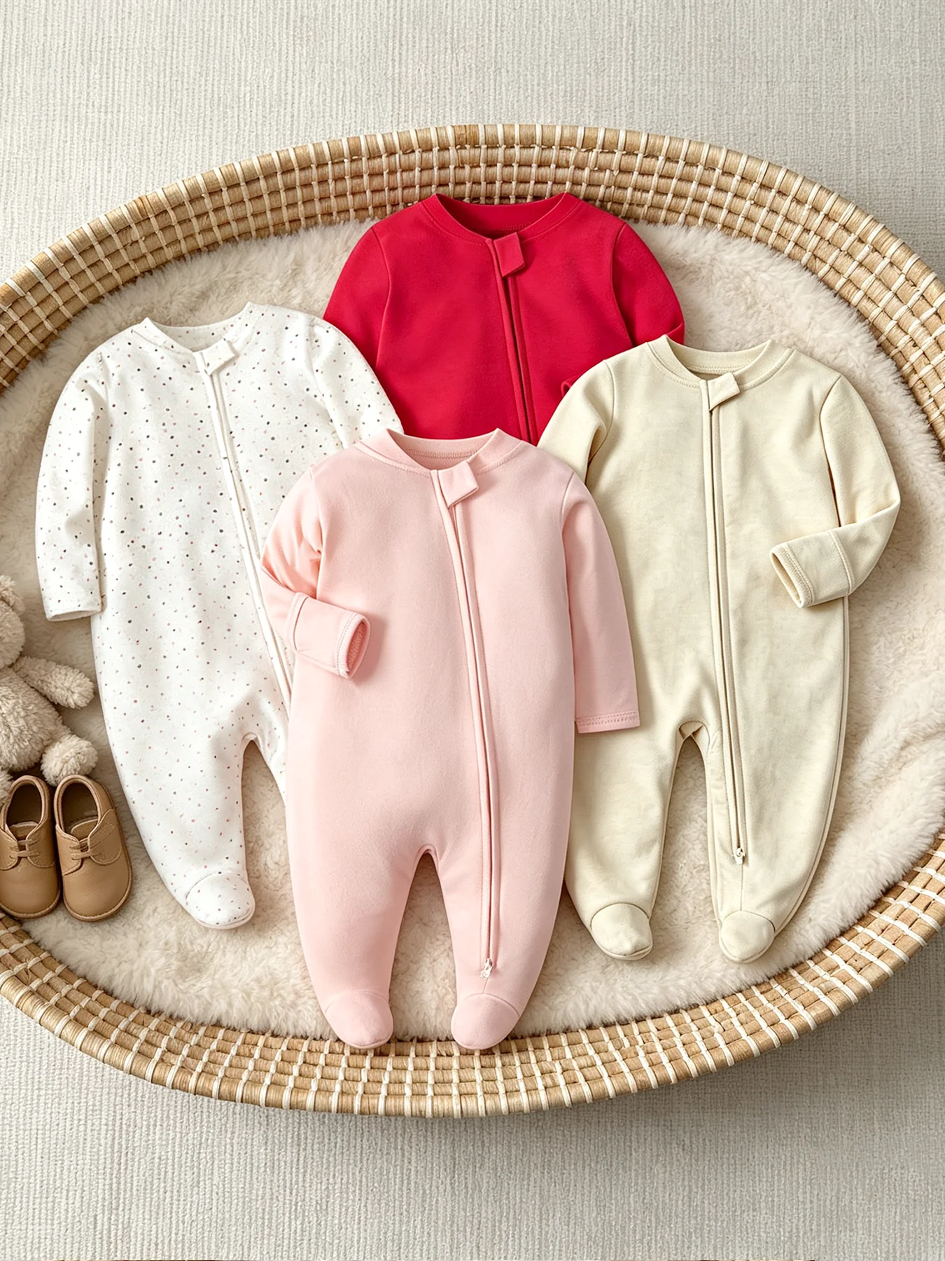 Baby Girl's 100% Cotton, Double-Zip, Solid-Color, Simple and Cute Footed Onesie—Perfect as a Fall/Winter Gift for Newborns